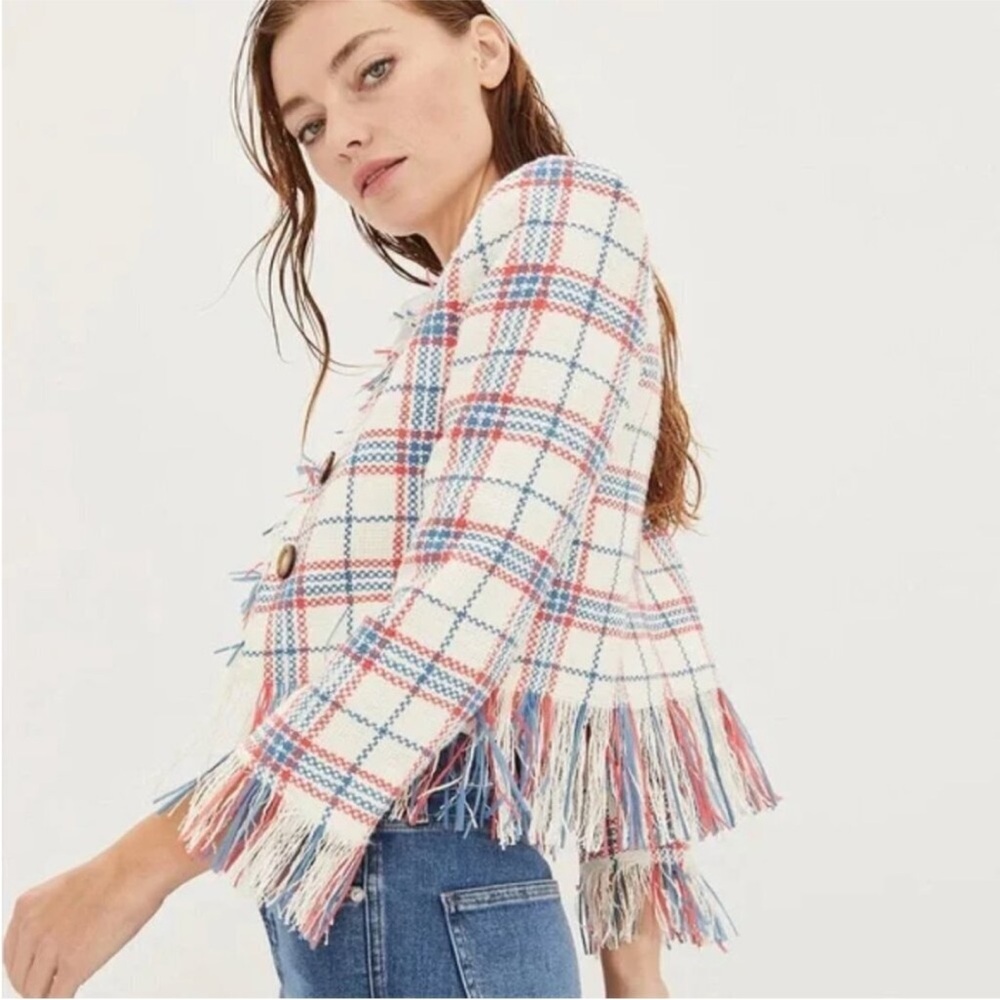 Veronica Beard Marlton White Blue Red Plaid Tweed Fringe Blazer Jacket Size 4 - Picture 2 of 16
